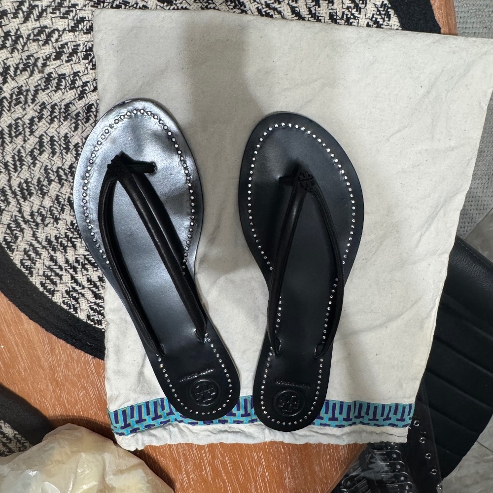 Tory Burch Black Studded Flip Flop Sandals